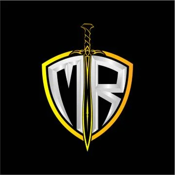 The initials M R is a shield decorated with knightly swords, the letters are  Stock Illustration