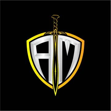 The initials A M is a shield decorated with knightly swords, the letters are  Stock Illustration