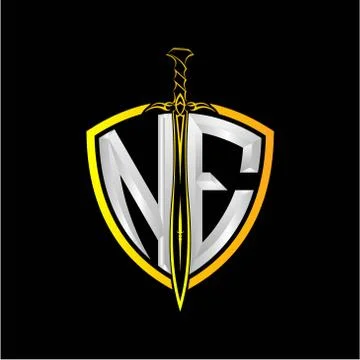 The initials N E is a shield decorated with knightly swords, the letters are  Illustrazione stock