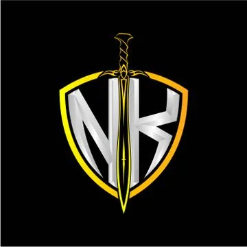 The initials N K is a shield decorated with knightly swords, the letters are  Stock Illustration