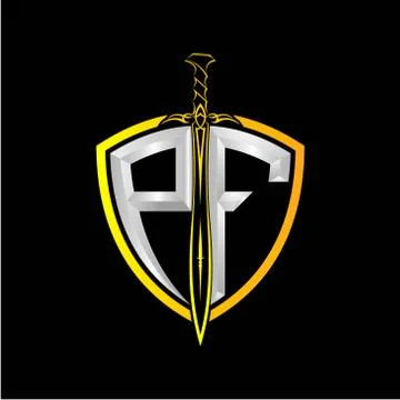 The initials P F is a shield decorated with knightly swords, the letters are  Stock Illustration