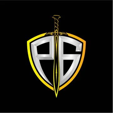 The initials P G is a shield decorated with knightly swords, the letters are  Illustrazione stock
