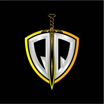 The initials Q Q is a shield decorated with knightly swords, the letters are  Stock Illustration