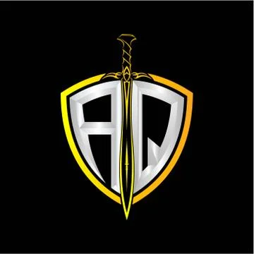 The initials A Q is a shield decorated with knightly swords, the letters are  Stock Illustration