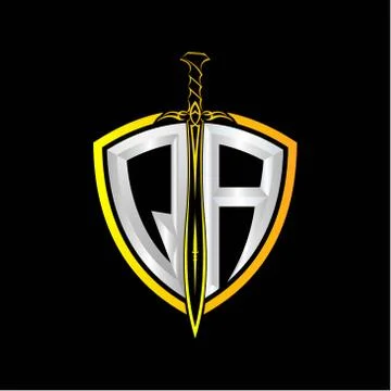 The initials Q A is a shield decorated with knightly swords, the letters are  Stock Illustration