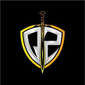 The initials Q Z is a shield decorated with knightly swords, the letters are  Stock Illustration