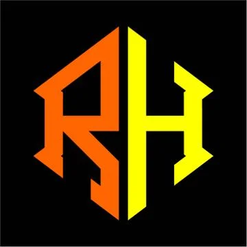 The initials R H hexagon monogram logo in orange and yellow Stock Illustration