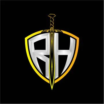 The initials R H is a shield decorated with knightly swords, the letters are  Stock Illustration
