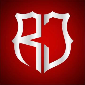 Initials R J shield shape with silver color Stock Illustration