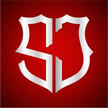 Initials S J shield shape with silver color Stock Illustration