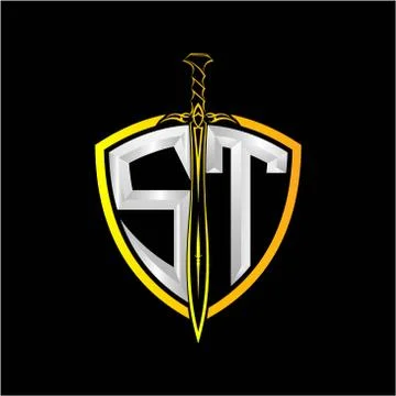 The initials S T is a shield decorated with knightly swords, the letters are  Illustrazione stock