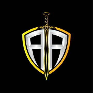 The initials A A is a shield decorated with knightly swords, the letters are  Stock Illustration