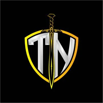 The initials T N is a shield decorated with knightly swords, the letters are  Stock Illustration