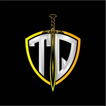 The initials T Q is a shield decorated with knightly swords, the letters are  Stock Illustration