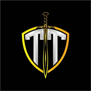 The initials T T is a shield decorated with knightly swords, the letters are  Stock Illustration
