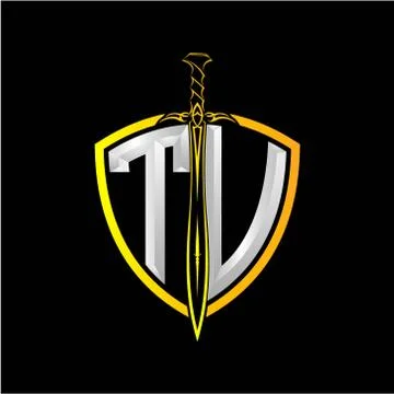 The initials T V is a shield decorated with knightly swords, the letters are  스톡 일러스트