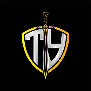The initials T Y is a shield decorated with knightly swords, the letters are  Illustrazione stock