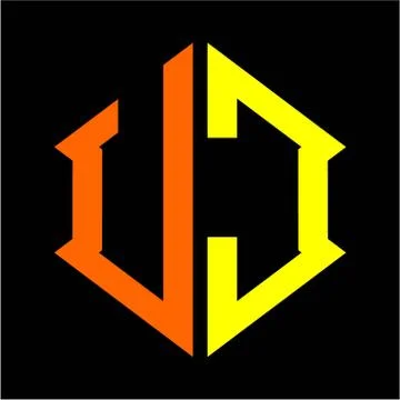 The initials U J hexagon monogram logo in orange and yellow Stock Illustration