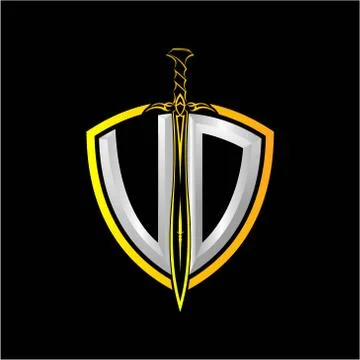 The initials V O is a shield decorated with knightly swords, the letters are  Illustrazione stock