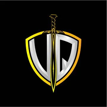 The initials V Q is a shield decorated with knightly swords, the letters are  Stock Illustration