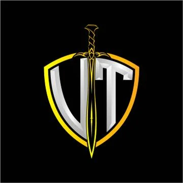 The initials V T is a shield decorated with knightly swords, the letters are  Stock Illustration