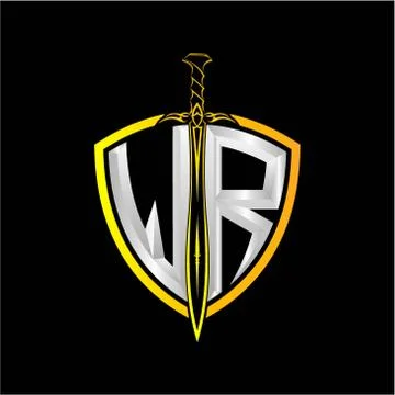 The initials W R is a shield decorated with knightly swords, the letters are  Stock Illustration