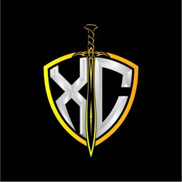 The initials X C is a shield decorated with knightly swords, the letters are  Stock Illustration