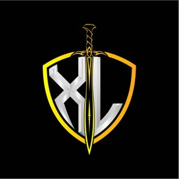 The initials X L is a shield decorated with knightly swords, the letters are  Stock Illustration