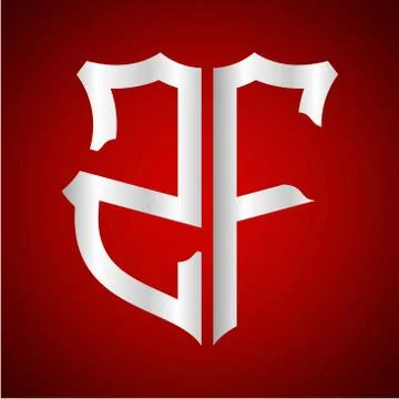 Initials Z F shield shape with silver color Illustrazione stock