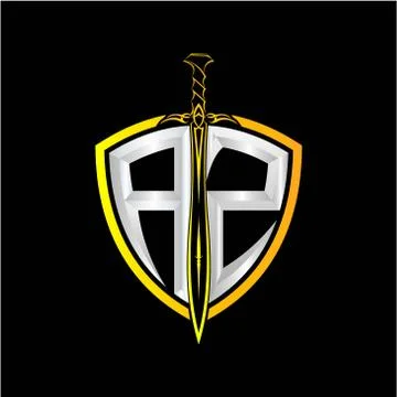 The initials A Z is a shield decorated with knightly swords, the letters are  Stock Illustration