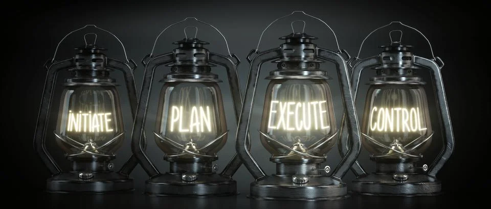 Initiate, Plan, Execute, Control - Vintage Kerosene Lanterns - 3d illustratio Stock Illustration
