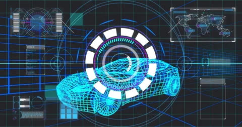 Initiating blue 3D wireframe car scan, spinning ring filling progress globe and Video stock 311085185
