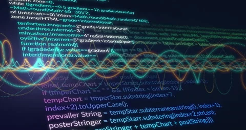 Initiating code loading, multicolored waveform pulsing under JavaScript lines Stock Footage 310283507