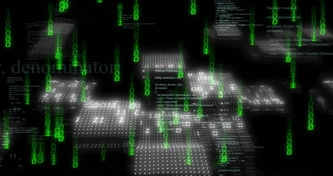 Initiating descending green binary streams floating C++ panels moving ahead Stock Footage 313640010