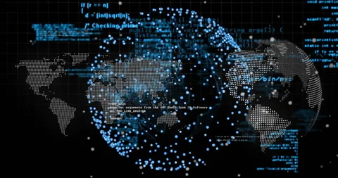 Initiating dotted map sending code streams forming swirling 3D globe showing Stock Footage 312898244