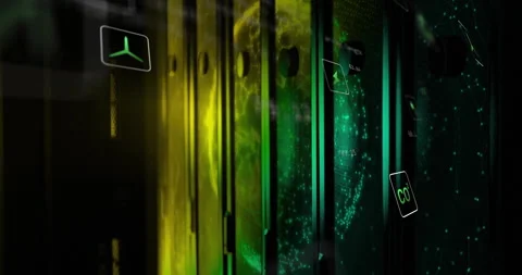 Initiating globe emergence camera panning server racks icons floating in order Video stock 312712198