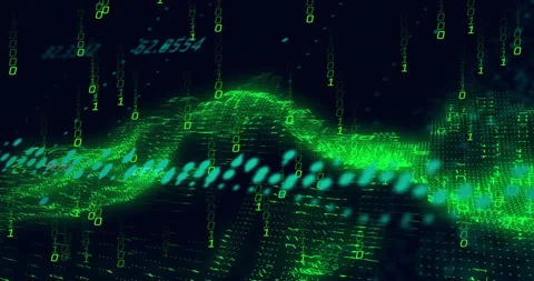 Initiating green grid undulating, teal ovals tracing sine path while binary rain Stock Footage 314792067
