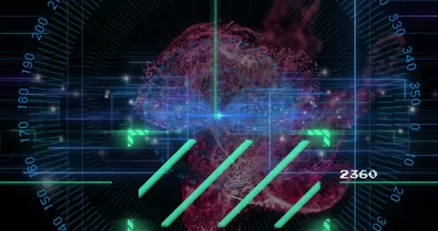 Initiating HUD scanning locking onto red-pink cloud at console, with five cyan 스톡 동영상 331126170