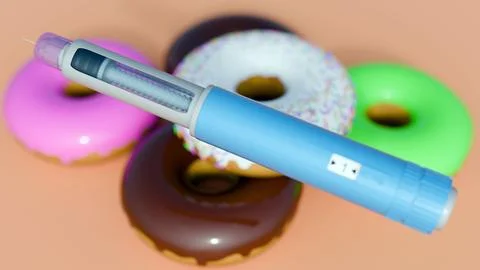 An injectable GLP-1 receptor agonist pen with frosted donuts Stock Illustration