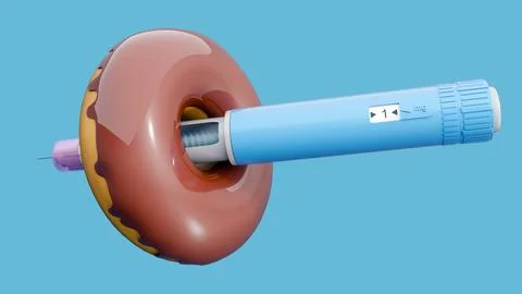 An injectable GLP-1 receptor agonist pen with frosted donuts Stock Illustration