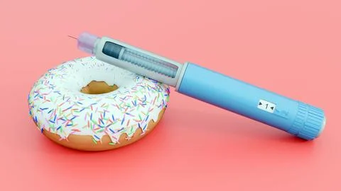 An injectable GLP-1 receptor agonist pen with frosted donuts Stock Illustration