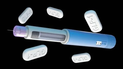 An Injectable Pen and Surrounding Tablets with "GLP-1" Text 스톡 일러스트
