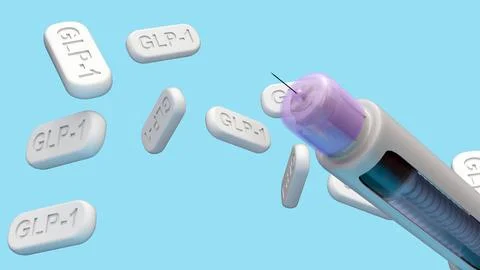 An Injectable Pen and Surrounding Tablets with "GLP-1" Text 스톡 일러스트