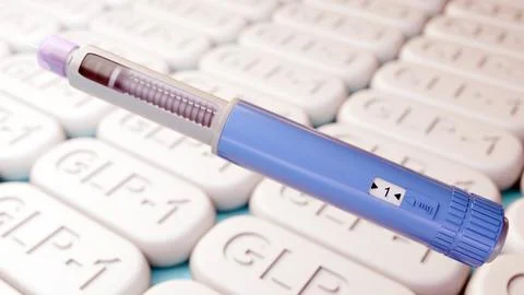 An Injectable Pen and Surrounding Tablets with "GLP-1" Text 스톡 일러스트