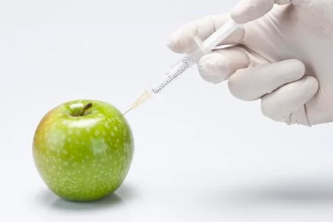 Injecting a fluid into an apple. Stock Photos