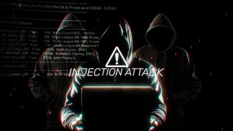 Injection Attack words of hacking screen in technology Stock Footage 342457470