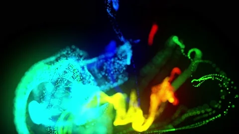 Injection of fluorescent multicolor ink in water in 4k. 3d render of glow Stock Footage 136415991