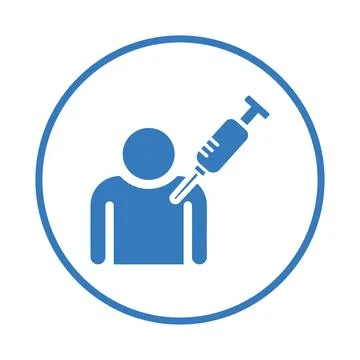 Injection, get vaccinated icon. Rounded blue vector. Stock Illustration