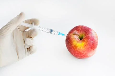 Injection into red apple - Genetically modified fruit and syringe with red ch Stock Photos