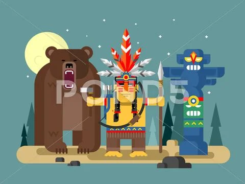 Injun character with bear Stock Illustration